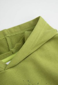 Jasnozielona bluza z kapturem, wykonana z teksturowanej tkaniny, z ribbowymi brzegami i delikatnymi plamami tuszu przy dolnym brzegu.