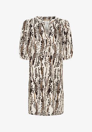 Skiftkjole i en cremefarvet stof med et sort og brunt abstrakt mønster, korte puffærmer og V-udskæring. Blød tekstur.