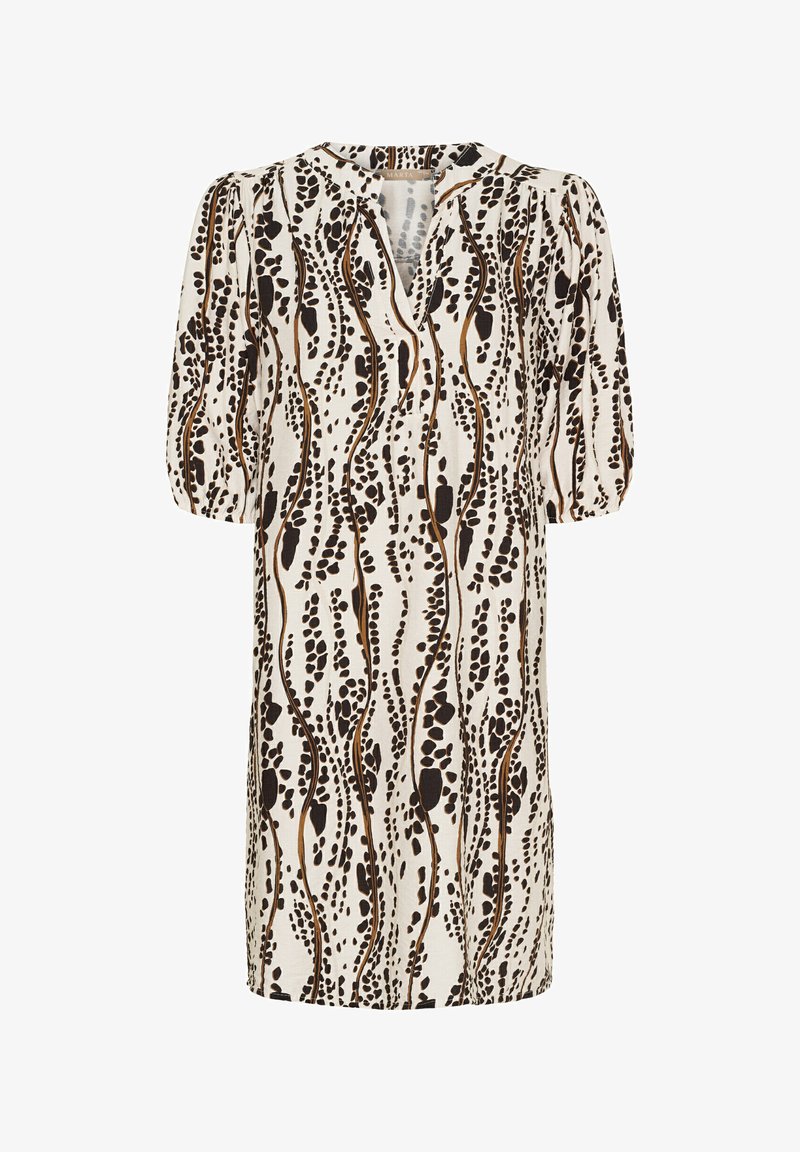Skiftkjole i en cremefarvet stof med et sort og brunt abstrakt mønster, korte puffærmer og V-udskæring. Blød tekstur.