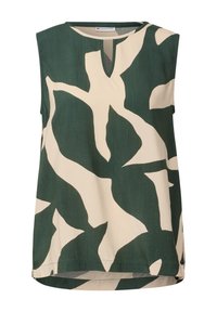 Bezramenný top v zelené barvě s velkým béžovým abstraktním vzorem, s výstřihem do V a rovním lemem. Měkká, lehká tkanina s hladkou texturou.
