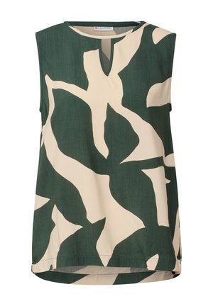Débardeur sans manches vert avec un grand motif abstrait beige, doté d'un col en V et d'un ourlet droit. Tissu doux et léger avec une texture lisse.