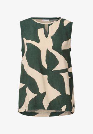 Ärmelloses Oberteil in Grün mit großem beigen abstraktem Muster, ausgestattet mit einem V-Ausschnitt und einem geraden Saum. Weicher, leichter Stoff mit glatter Textur.