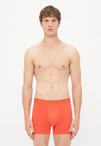 Red cotton boxer briefs with a fitted design, featuring a green Nike logo on the waistband. No notable patterns or accents present.