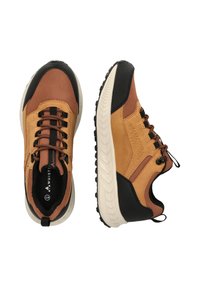 Brown and black sports shoes with beige soles, mesh panels, and lace-up design, shown from top and side views.