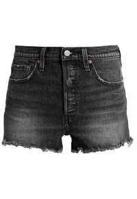 Pantalones cortos de mezclilla negra con dobladillo deshilachado. Las características incluyen un cierre de botón y dos bolsillos frontales con acentos de costura marrón.