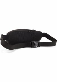 Sac banane noir avec une surface extérieure lisse et un panneau en maille texturé, doté d'une sangle réglable et d'une fermeture à boucle latérale.