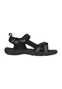 Svart sandal med kardborreband, gummisula och en strukturerad fotbädd. Har gråa chevron-accenter på remmarna för extra detalj.
