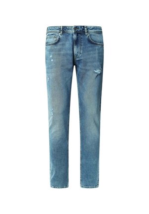 Light blue denim jeans with a straight fit, featuring distressing details, a button closure, and five-pocket design. Soft texture.
