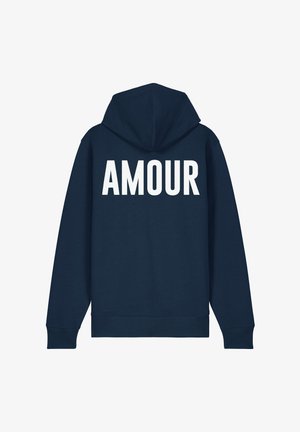 Marineblaue Kapuze mit großem weißen "AMOUR"-Text auf der Rückseite. Hergestellt aus weichem Stoff mit einer Kängurutasche und Kapuze.