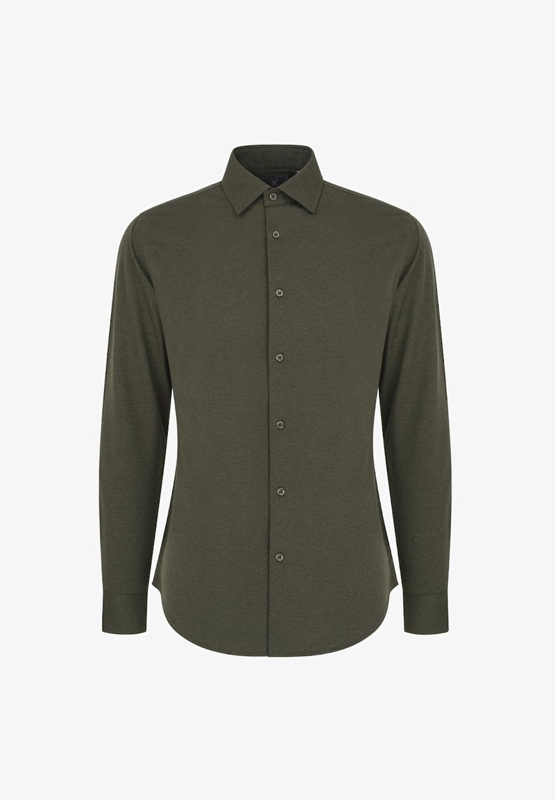 Koszula z długim rękawem zapinana na guziki w ciemnooliwkowym kolorze. Miękki, lekki materiał z klasycznym kołnierzykiem i sześcioma guzikami z przodu, charakteryzująca się dopasowanym krojem.