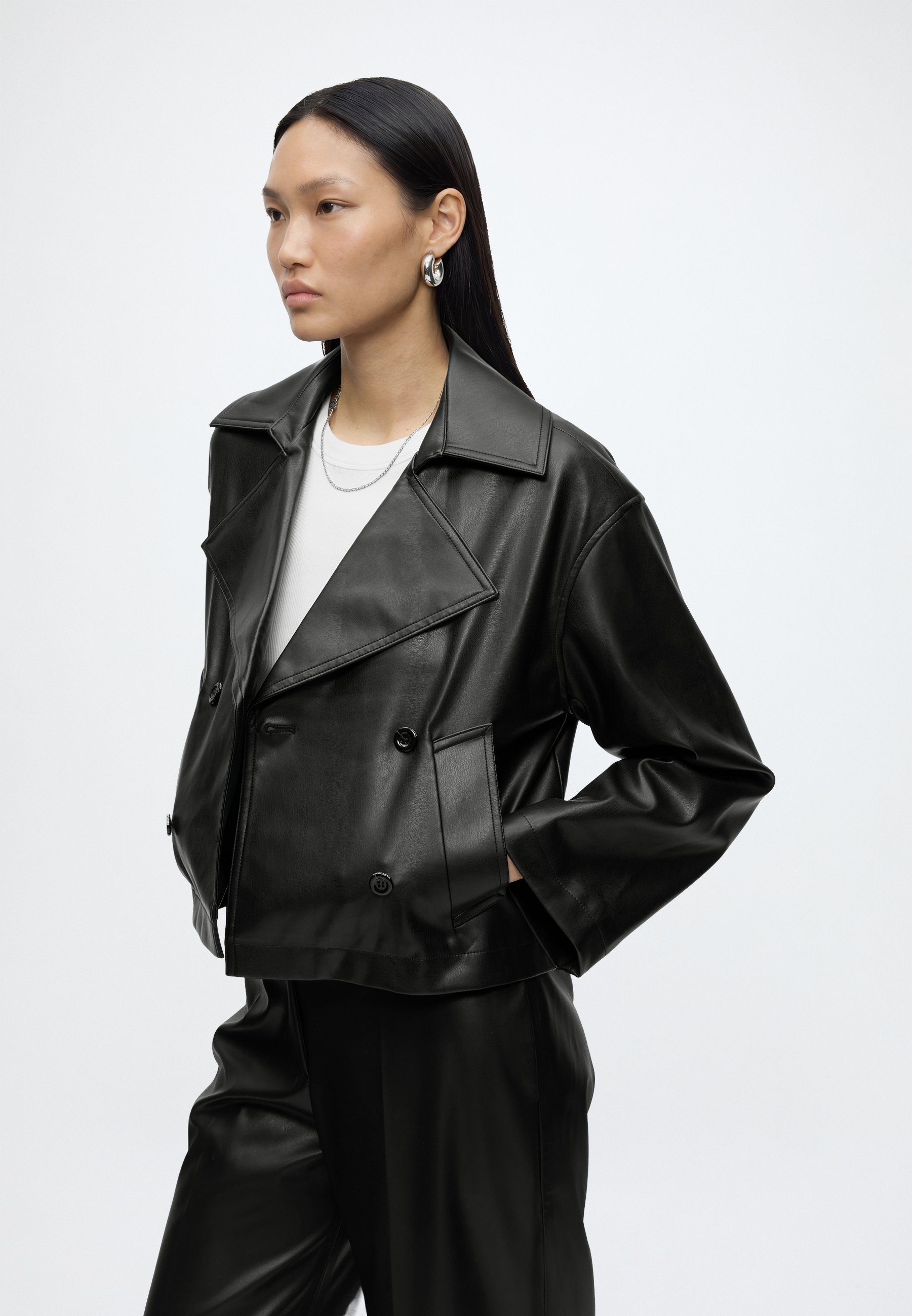 DKNY LONG SLEEVE DOUBLE BREASTED FAUX LEATHER JACKET - Leather