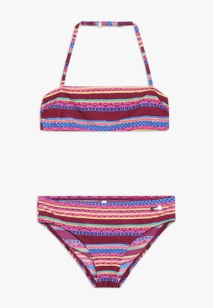 Mehrfarbiges Bikini-Set mit Bandeau-Oberteil und verstellbaren Trägern. Die Farben umfassen Rot, Pink, Blau und Gelb mit geometrischen Mustern.