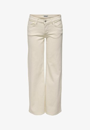 Kreminės spalvos tiesios kojinės kelnės su sagomis ir užtrauktuku, priekinių kišenių ir diržo kilpų, vidinėje juostos pusėje yra prekės ženklo etiketė.