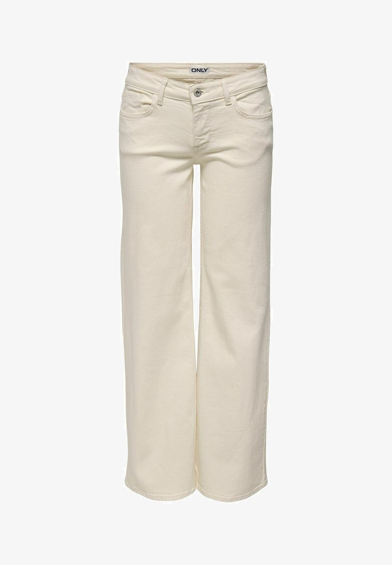 Pantalon droit écru avec fermeture à bouton et fermeture éclair, poches avant et passants de ceinture, étiquette de marque à l'intérieur de la ceinture.