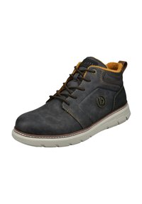 Dunkelgraue Leder-Stiefeletten mit strukturierter Oberfläche, kontrastierender gelber Innenausstattung, braunen Akzenten und einer weißen Gummisohle.