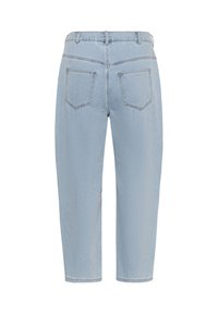 Hellblaue Jeans aus Denim, von hinten gezeigt, mit zwei Taschen, Gürtelschlaufen und geradem Bein.