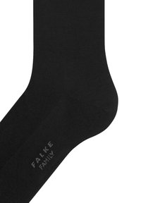 Mustad puuvillased sukad, sujuva tekstuuriga. Omavad soonilist mustrit ja trükitud "Falke FAMILY" logo pahkluu piirkonnas. Klassikalise stiili ja kujuga.