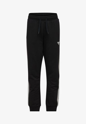 Czarne dresy wykonane z miękkiego materiału, z elastycznym ściągaczem w talii, szarymi bocznymi panelami i małym logo na lewej udzie.