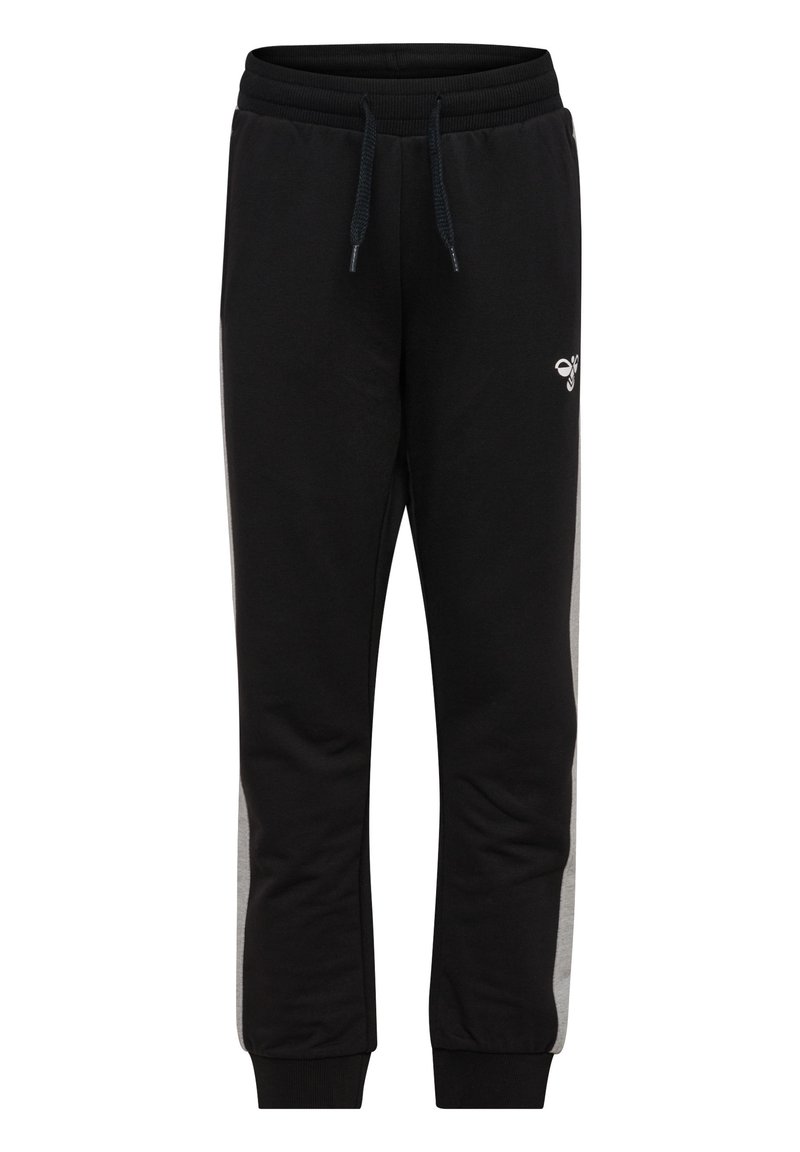 Svarta träningsoveraller i mjukt material, med dragsko i midjan, grå sidopaneler och en liten logotyp på vänster lår.
