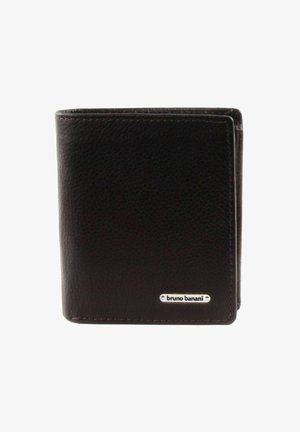 Black leather wallet with a textured finish, bi-fold design, and a silver logo plate. Features neat stitching and rounded edges.