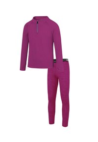 Langes, lila Sportoberteil mit Reißverschlusskragen und passenden Leggings. Beide weisen eine melierte Textur und ein körperbetontes Design auf.