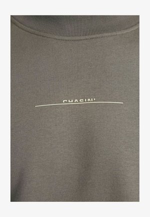 Hanorac gri cu guler din tricot, având un mic logo "CHASINI" deasupra unei linii orizontale, realizat dintr-un material texturat.