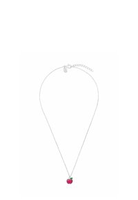 Silberne Halskette mit einem kleinen, rosa Apfelanhänger, der ein grünes Blatt hat. Die Kette ist filigran und verfügt über einen verstellbaren Verschluss.
