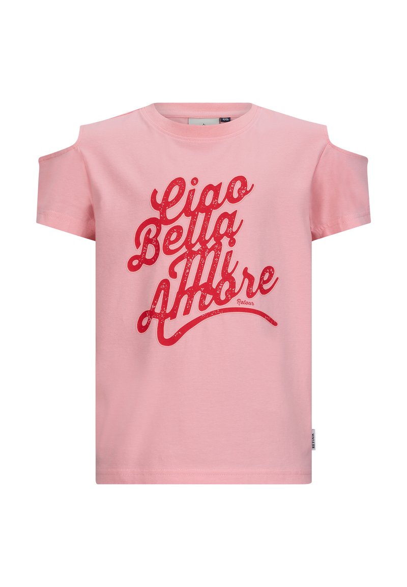 Różowa koszulka z krótkim rękawem z wycięciami na ramionach. Zawiera tekst w czerwonym brokacie „Ciao Bella Mi Amore” w zabawnym kroju pisma.