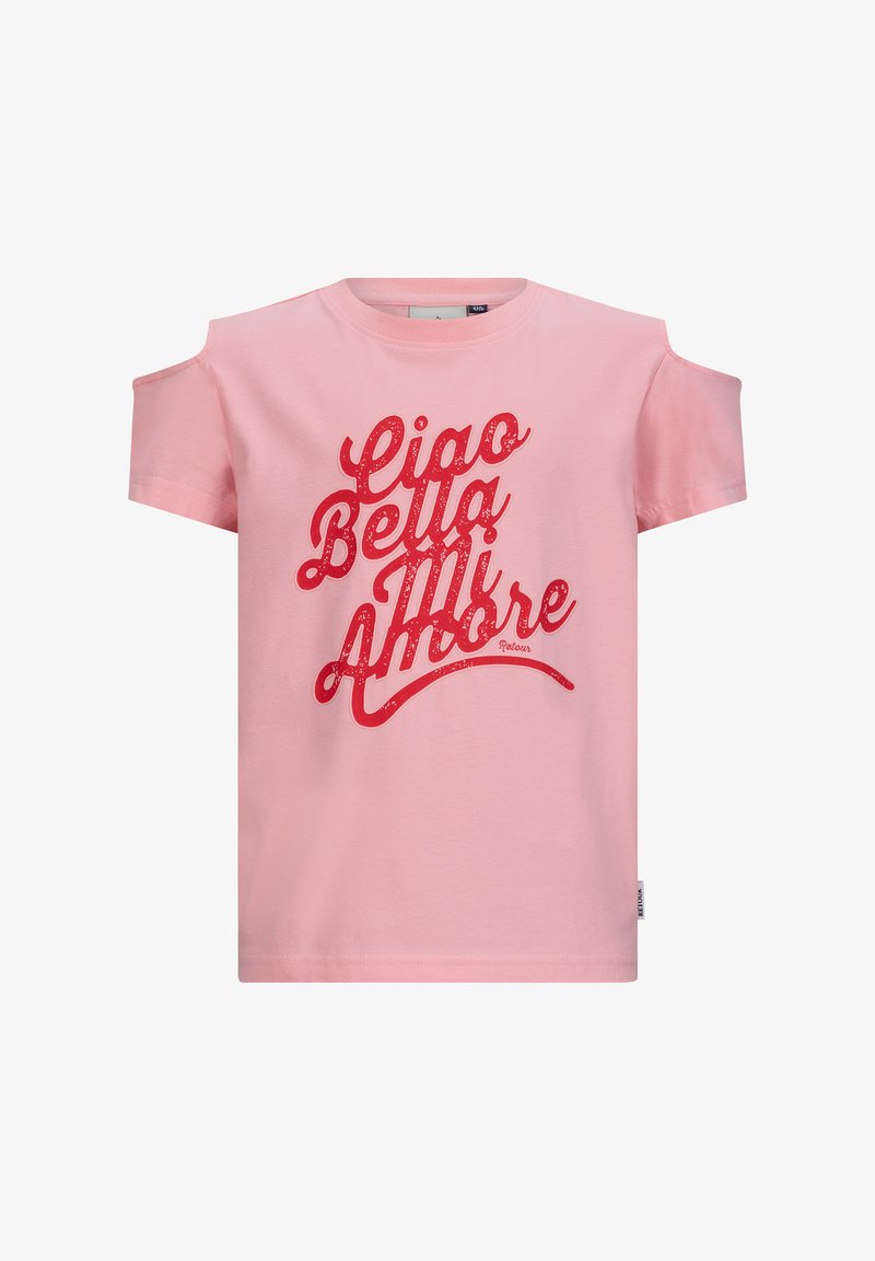 Różowa koszulka z krótkim rękawem z wycięciami na ramionach. Zawiera tekst w czerwonym brokacie „Ciao Bella Mi Amore” w zabawnym kroju pisma.