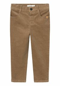 Pantaloni in velluto a coste marroni con una texture a coste, dotati di chiusura con bottone, tasche frontali e un piccolo logo del marchio sul lato.