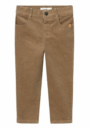 Pantaloni in velluto a coste marroni con una texture a coste, dotati di chiusura con bottone, tasche frontali e un piccolo logo del marchio sul lato.