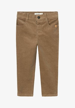 Pantaloni in velluto a coste marroni con una texture a coste, dotati di chiusura con bottone, tasche frontali e un piccolo logo del marchio sul lato.