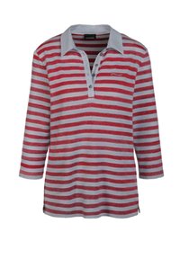 Rood en grijs gestreepte polo met lange mouwen, knoopsluiting en een witte kraag. Bevat zijsplitten en een klein logo op de borst.
