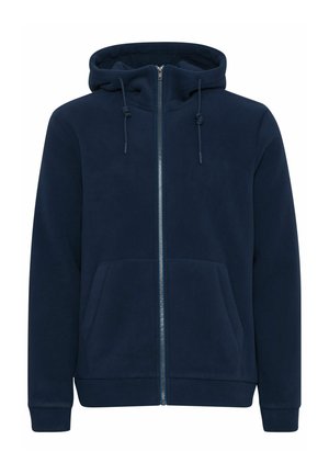 Navy blauwe rits-hoodie van fleecemateriaal met twee voorzakken, een verstelbare trekkoordkap en ribgebreide manchetten en zoom.