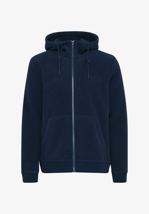 Marineblå hettegenser med glidelås laget av fleece-materiale, med to frontlommer, justerbar snor i hetta og ribbestrikkede mansjetter og nederkant.