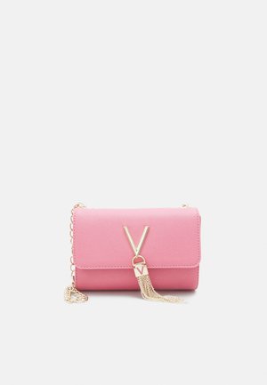 Pink rectangular crossbody bag with gold V-shaped clasp, chain tassel, and matching gold chain strap on white background.
