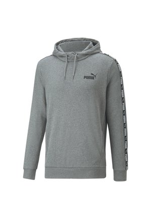 Szara bluza z kapturem Puma z regulacją kaptura, czarne logo Puma na piersi oraz taśma z logo przebiegająca wzdłuż obu rękawów.