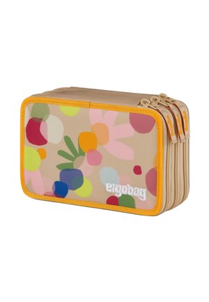 Buntes Federmäppchen mit einer Vielzahl von runden und floralen Mustern auf beigem Hintergrund. Orangener Reißverschluss und Rand. Vier Fächer.