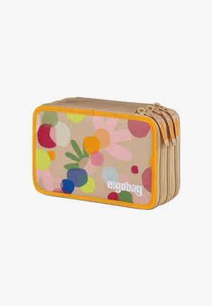 Buntes Federmäppchen mit einer Vielzahl von runden und floralen Mustern auf beigem Hintergrund. Orangener Reißverschluss und Rand. Vier Fächer.