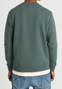 Groene geribbelde sweatshirt van de achterkant, met een ronde hals en een gestructureerde stof. Draag met lichtblauwe jeans en een wit hemd.