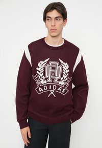 Burgundsko pleteno pulover z velikim belim logotipom in emblemom, rebrastimi manšetami in okroglim izrezom z kontrastnimi belimi ramenskimi poudarki.