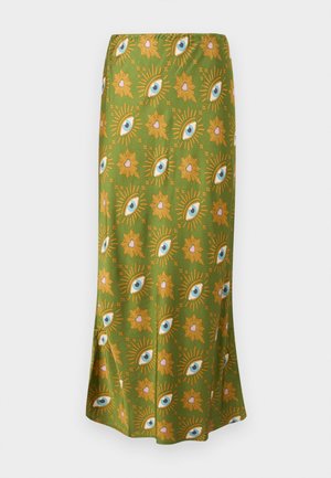 Jupe maxi verte avec un motif d'œil et de fleurs, agrémentée d'accents orange et bleu. Fabriquée en tissu lisse et léger.