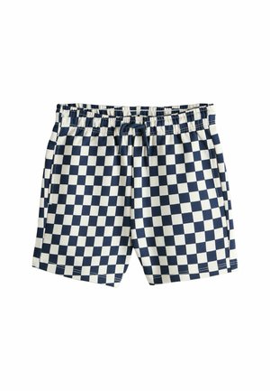 Marineblauwe en witte geruite shorts met elastische taille, voorzakken en een marineblauwe trekkoord.