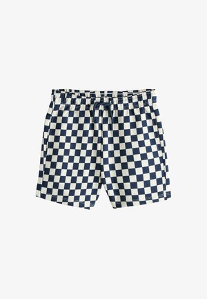 Šorcevi tamnoplave i bijele karo uzorka s elastičnim pojasom, prednjim džepovima i tamnoplavom vrpcom za vezanje.