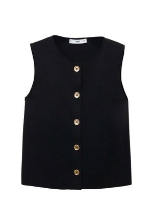 Black sleeveless top made of textured fabric featuring a front button closure with six gold buttons and a round neckline.