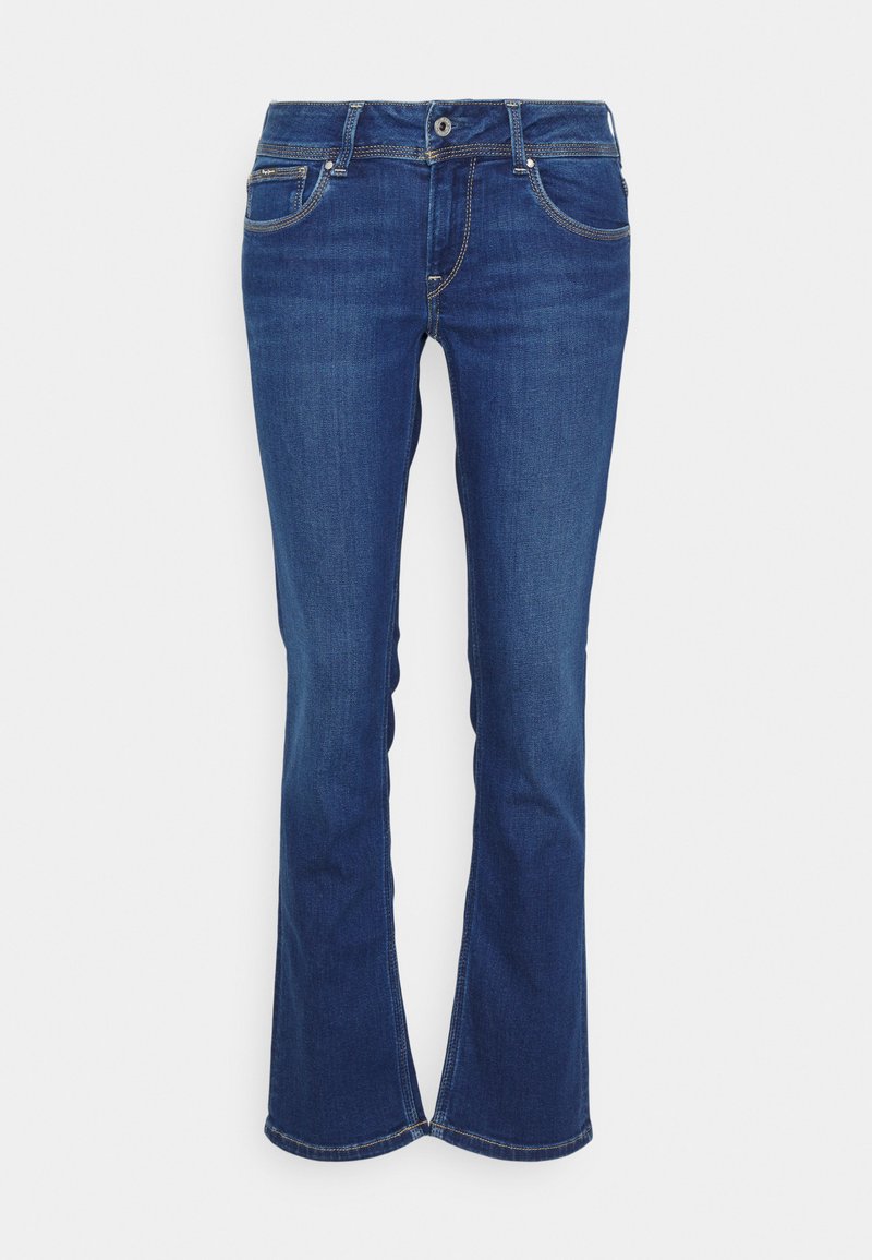 Jean en denim bleu évasé avec une coupe classique, poches avant et coutures contrastantes. Le matériau présente une légère texture et une profondeur de couleur.