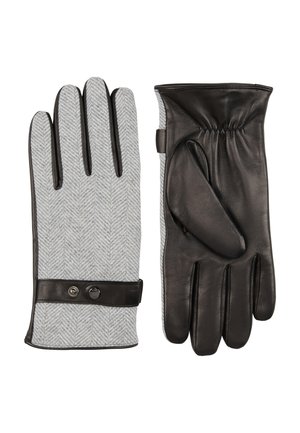 Graue Handschuhe mit Fischgrätmuster und schwarzen Lederakzenten. Merkmale sind ausgeprägte Nähte, ein Knopfverschluss und ein gerafftes Handgelenk-Design.