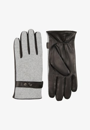 Grijze handschoenen met visgraatmotief en zwarte leren accenten. Ze zijn voorzien van opvallende naden, een knoopsluiting en een elastische polsband.