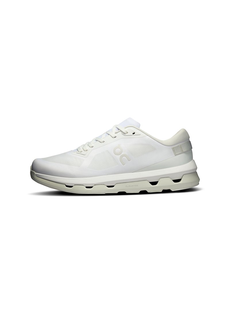 White athletic shoe featuring a mesh upper, cushioned sole with cloud-like grooves, and minimalistic design. Suitable for various activities.