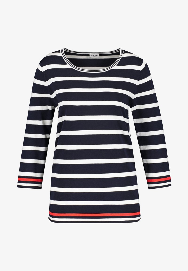 Chemise à manches longues rayée bleu marine et blanche avec des rayures rouges près des poignets et de l'ourlet, col rond et silhouette ajustée.